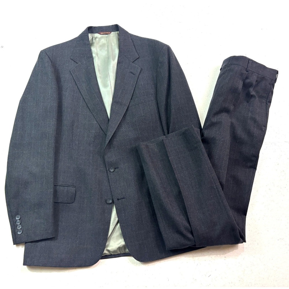 vtg 90s Cricketeer 42L 36x32 2pc Pant Suit Charcoal Windowpane Flannel Wool USA